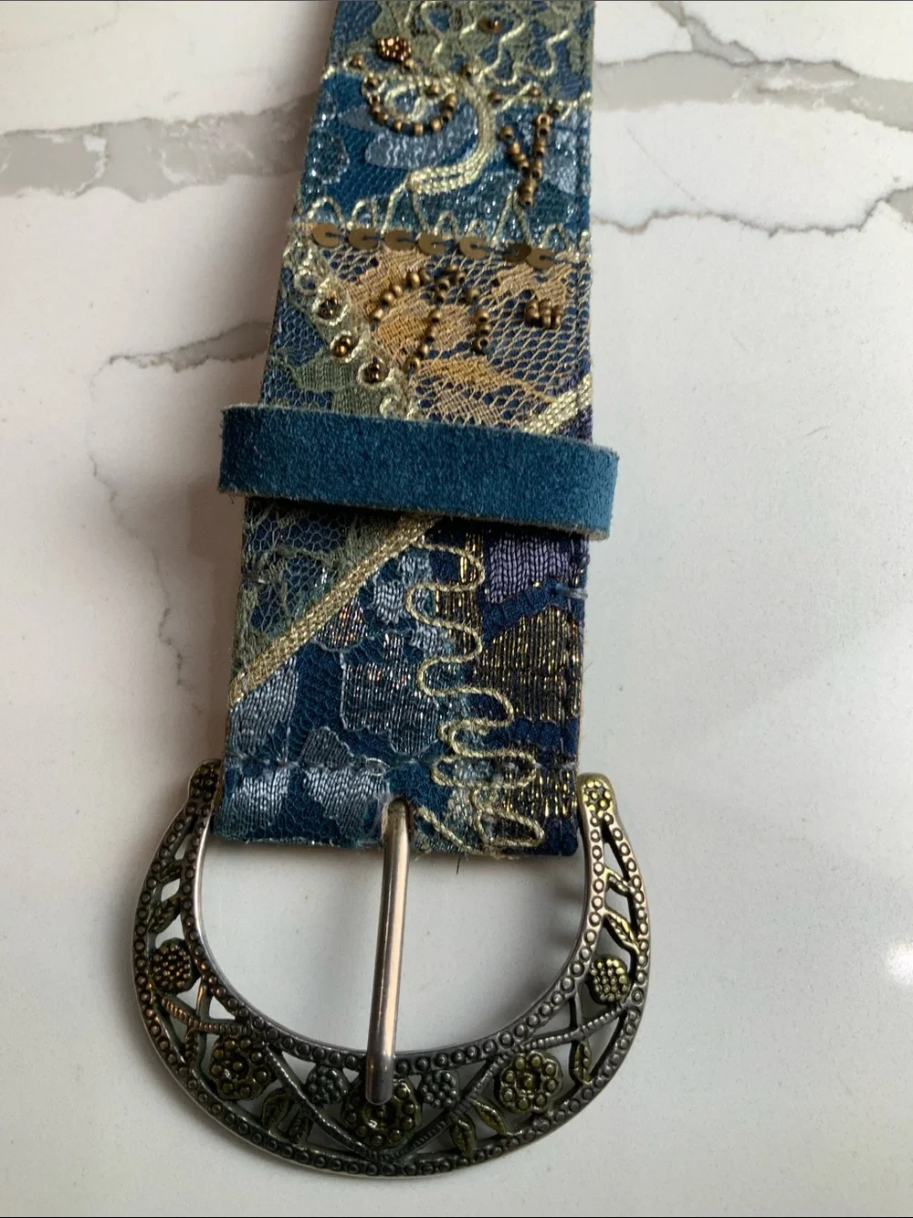 ✨ Chico's Embroidered Beaded Boho Laced Leather Statement Belt Size Small up to